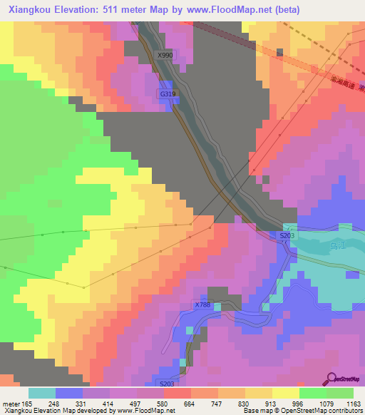 Xiangkou,China Elevation Map