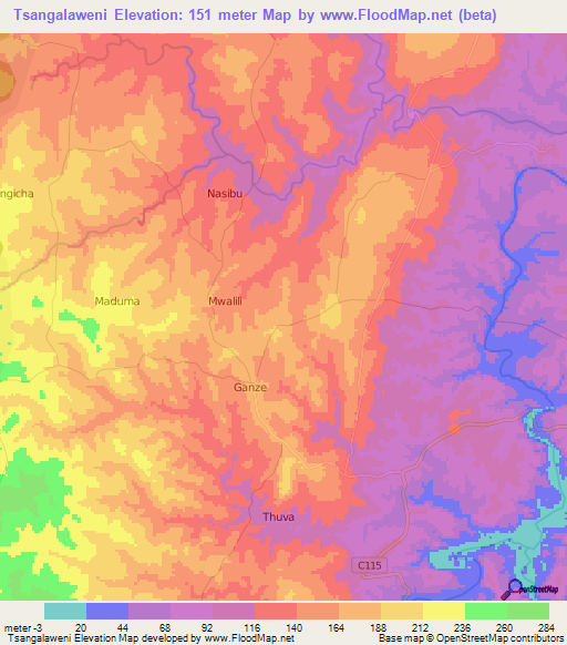 Tsangalaweni,Kenya Elevation Map