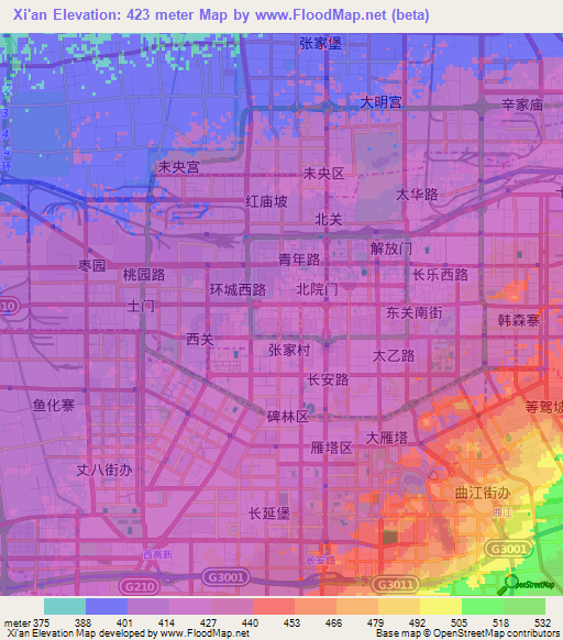 Xi'an,China Elevation Map