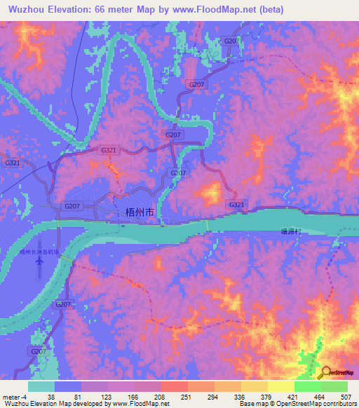 Wuzhou,China Elevation Map