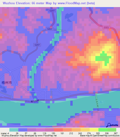 Wuzhou,China Elevation Map