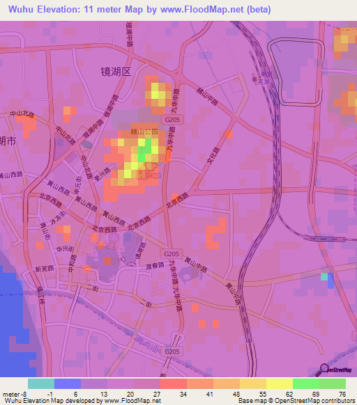 Wuhu,China Elevation Map