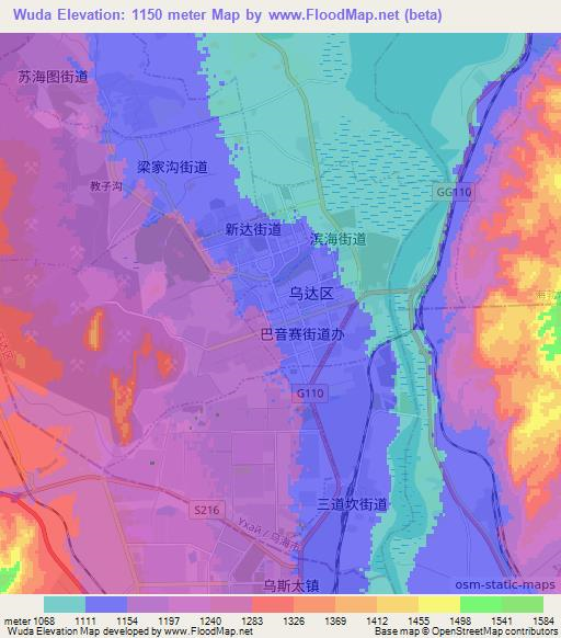 Wuda,China Elevation Map