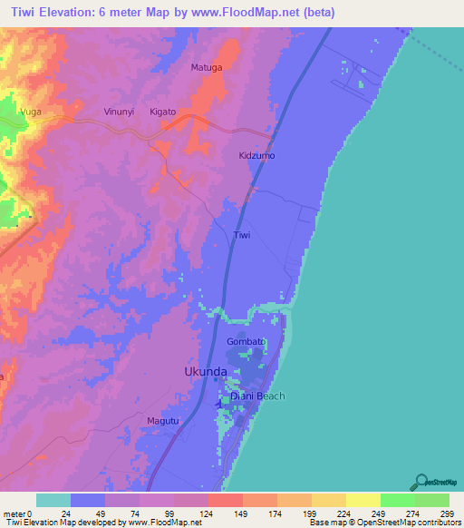Tiwi,Kenya Elevation Map