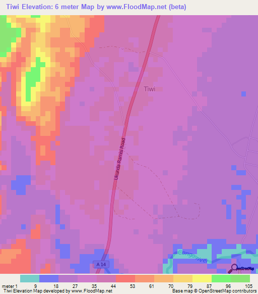 Tiwi,Kenya Elevation Map