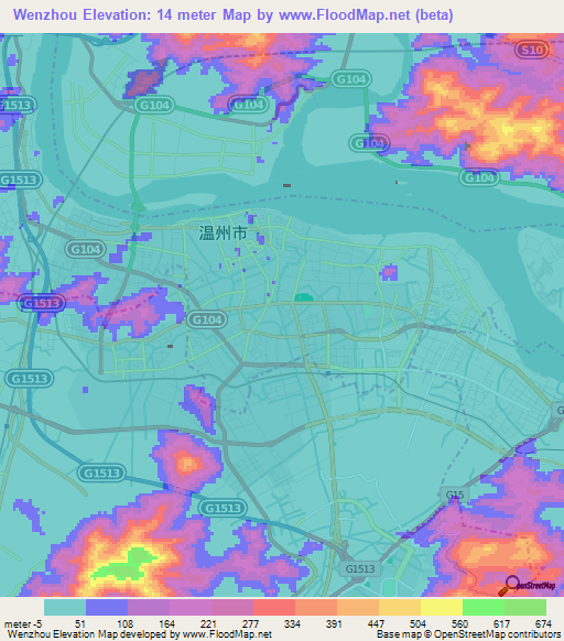 Wenzhou,China Elevation Map