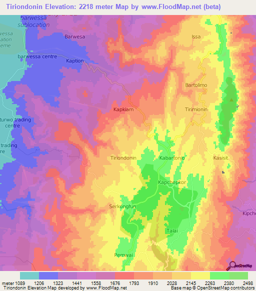 Tiriondonin,Kenya Elevation Map