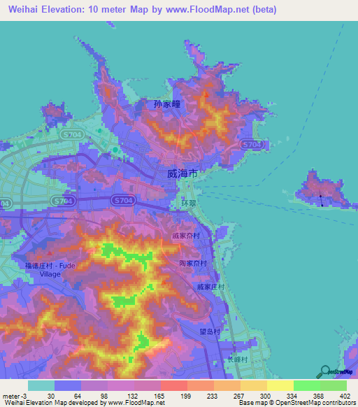 Weihai,China Elevation Map