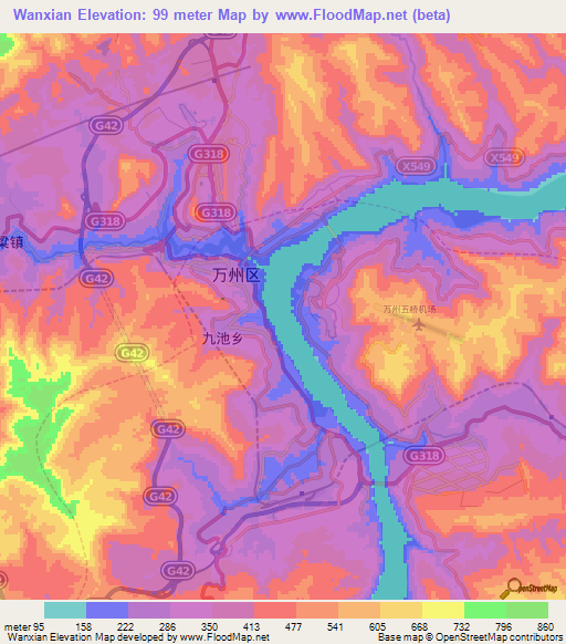 Wanxian,China Elevation Map