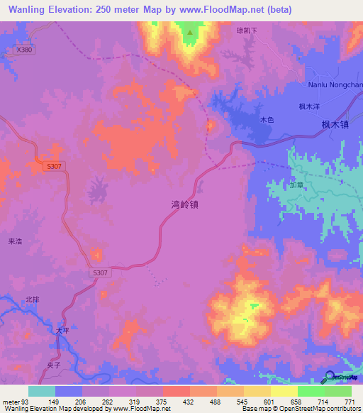 Wanling,China Elevation Map