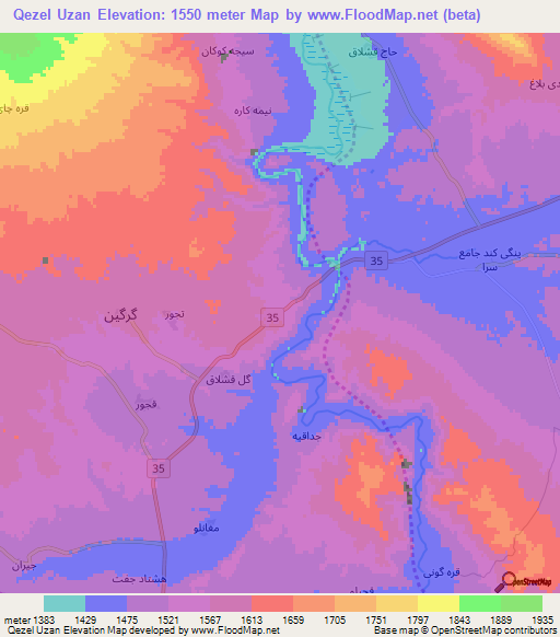 Qezel Uzan,Iran Elevation Map