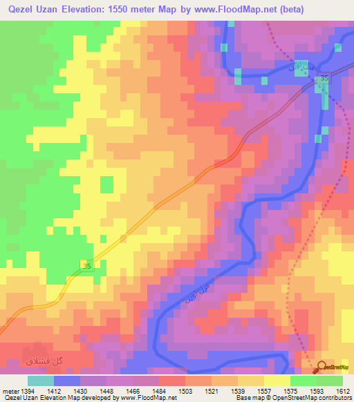 Qezel Uzan,Iran Elevation Map