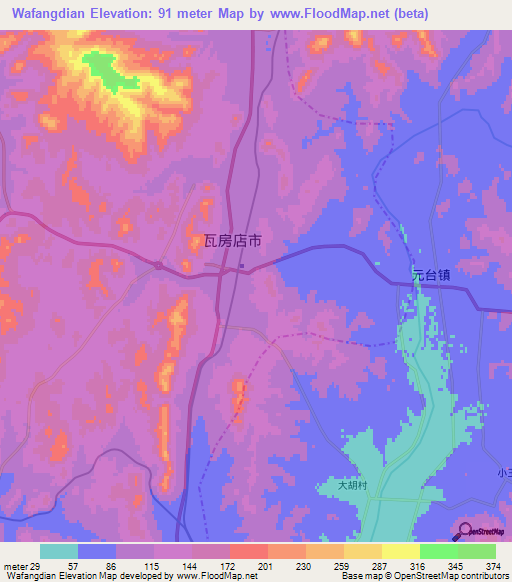 Wafangdian,China Elevation Map