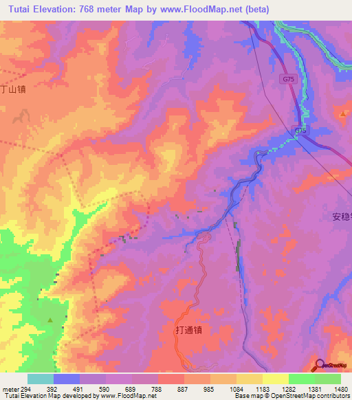 Tutai,China Elevation Map