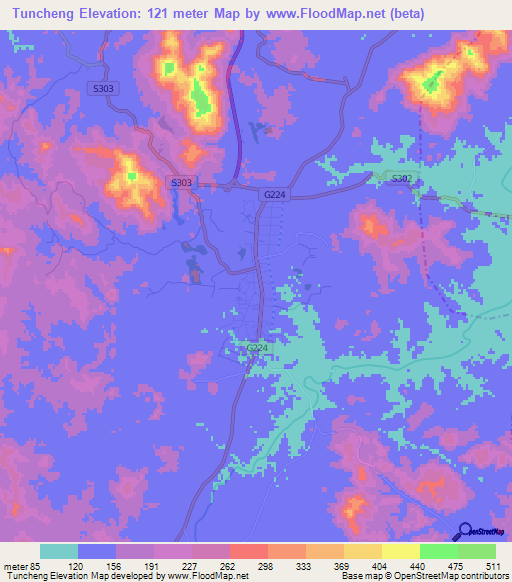 Tuncheng,China Elevation Map