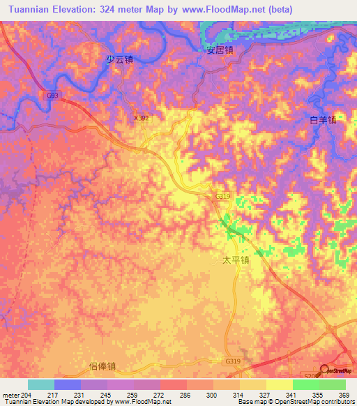 Tuannian,China Elevation Map