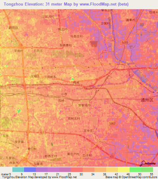 Tongzhou,China Elevation Map