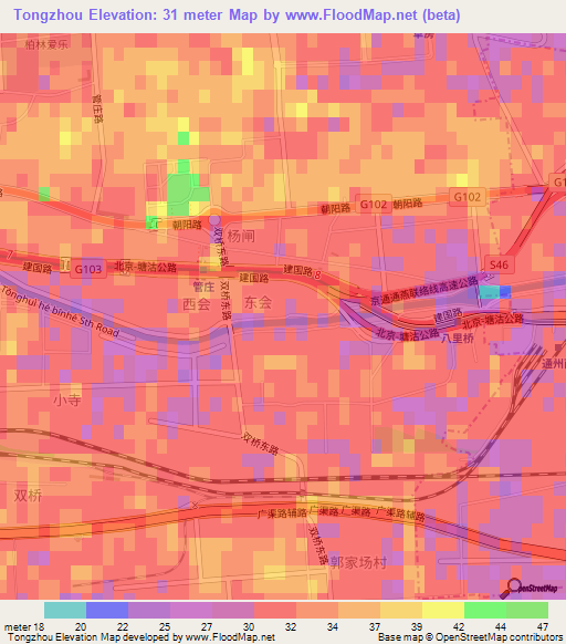 Tongzhou,China Elevation Map