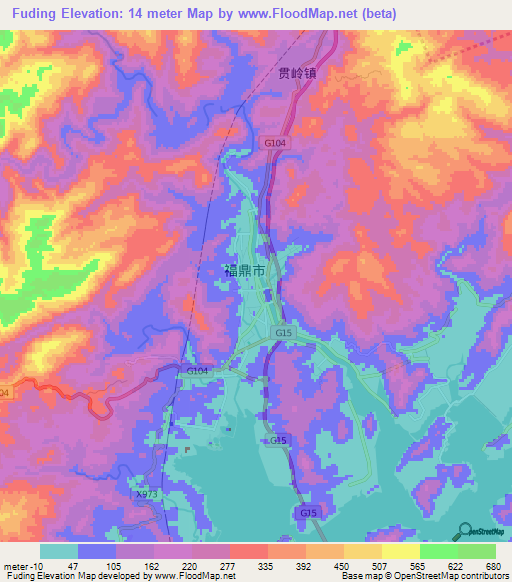 Fuding,China Elevation Map