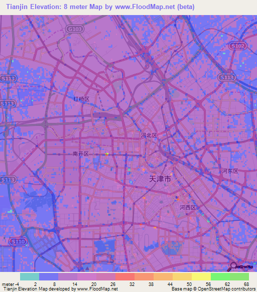 Tianjin,China Elevation Map