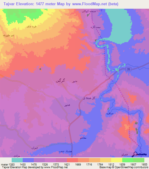 Tajvar,Iran Elevation Map