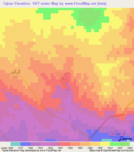 Tajvar,Iran Elevation Map