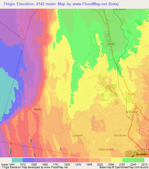 Thigio,Kenya Elevation Map