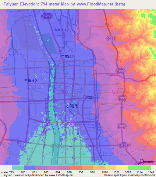 Taiyuan,China Elevation Map