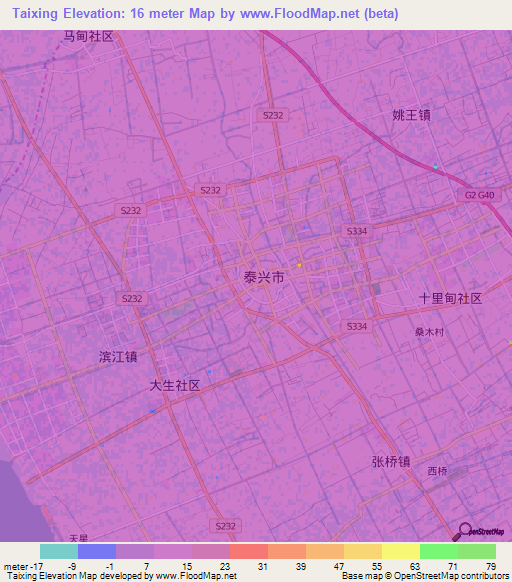 Taixing,China Elevation Map