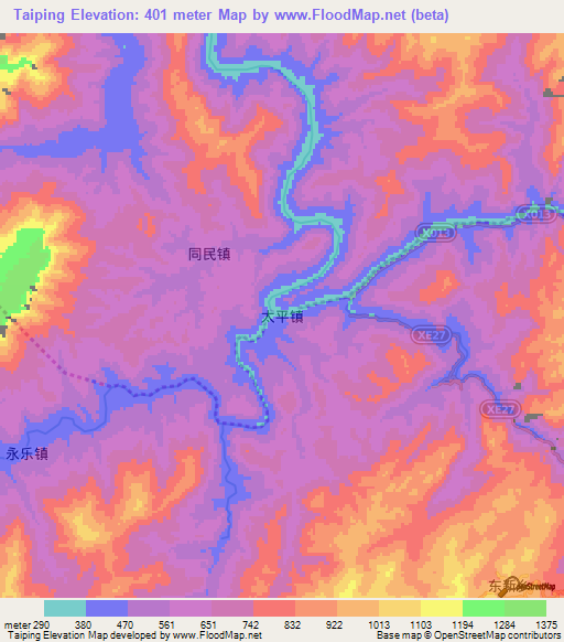 Taiping,China Elevation Map