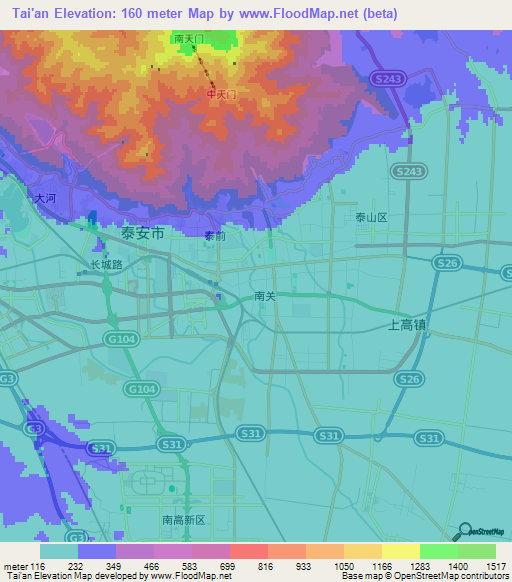 Tai'an,China Elevation Map
