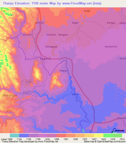 Thanju,Kenya Elevation Map