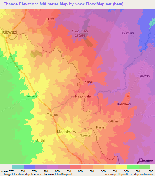Thange,Kenya Elevation Map