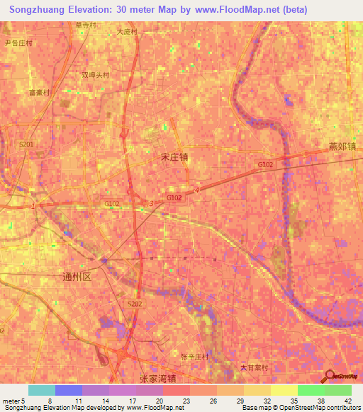 Songzhuang,China Elevation Map