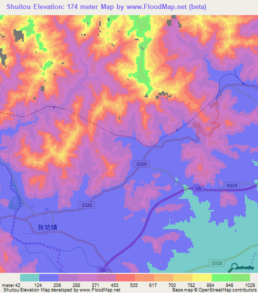 Shuitou,China Elevation Map
