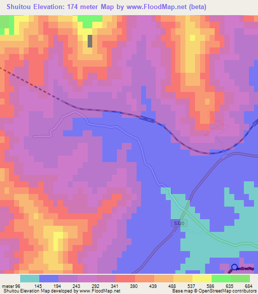 Shuitou,China Elevation Map