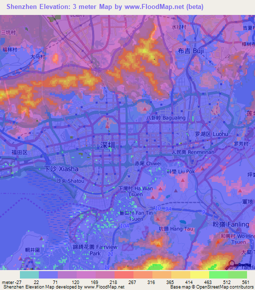 Shenzhen,China Elevation Map