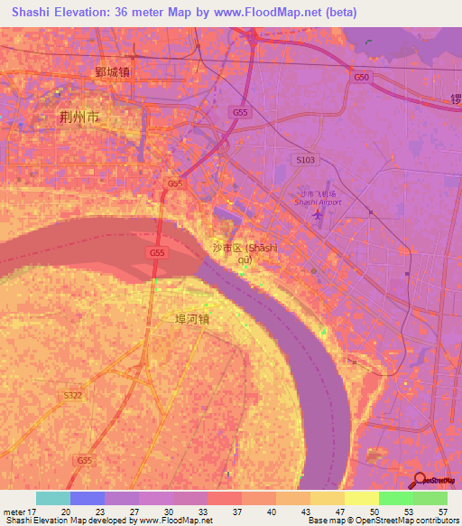 Shashi,China Elevation Map