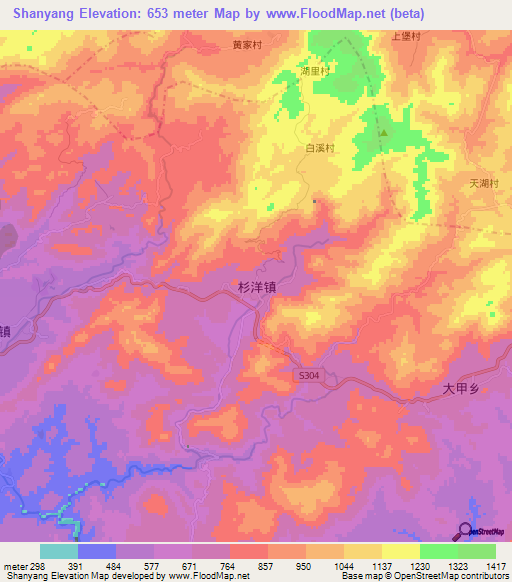 Shanyang,China Elevation Map