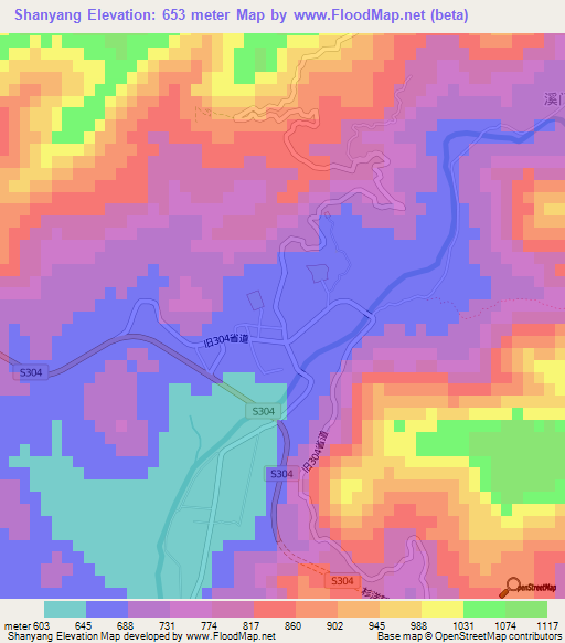 Shanyang,China Elevation Map