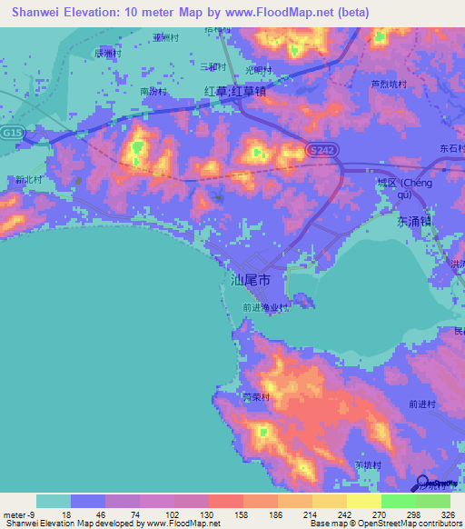 Shanwei,China Elevation Map