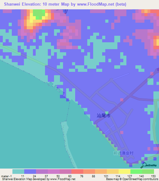 Shanwei,China Elevation Map
