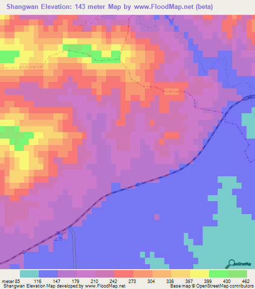 Shangwan,China Elevation Map