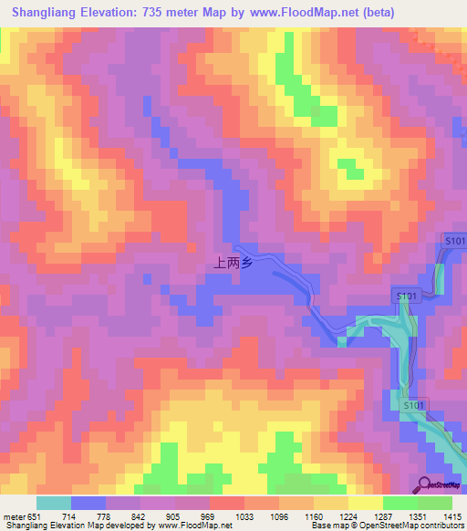 Shangliang,China Elevation Map