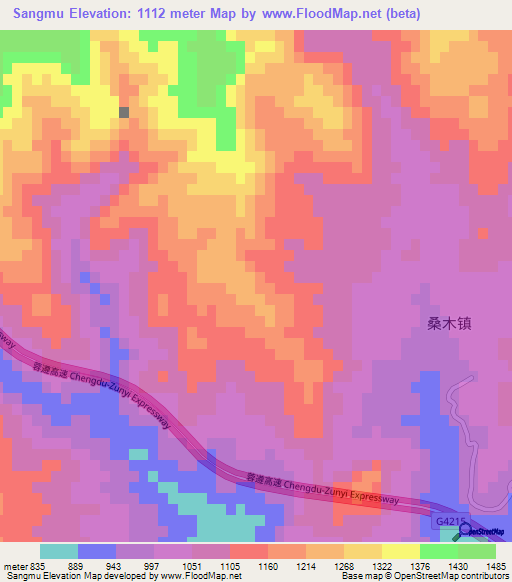 Sangmu,China Elevation Map
