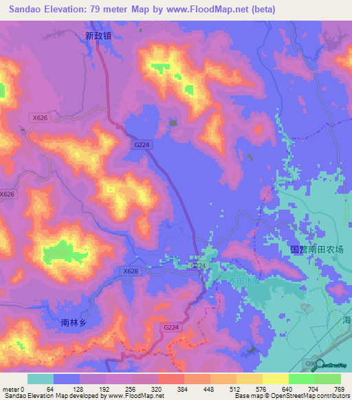 Sandao,China Elevation Map