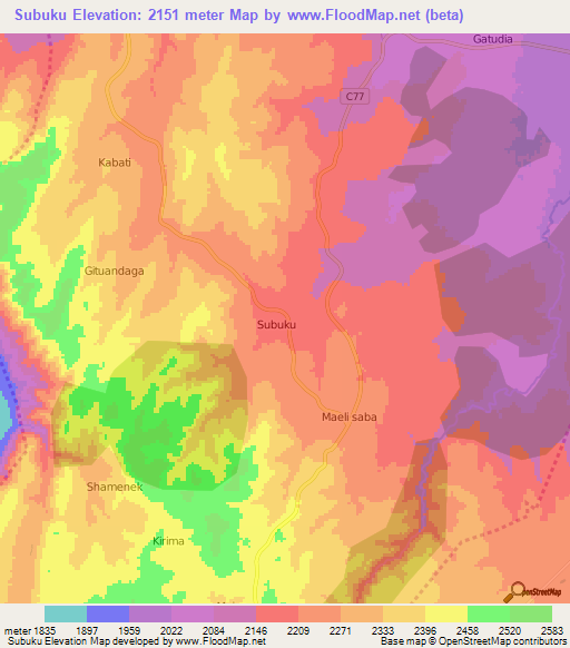 Subuku,Kenya Elevation Map