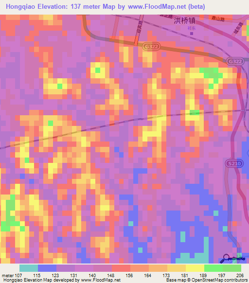 Hongqiao,China Elevation Map