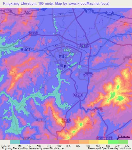 Pingxiang,China Elevation Map