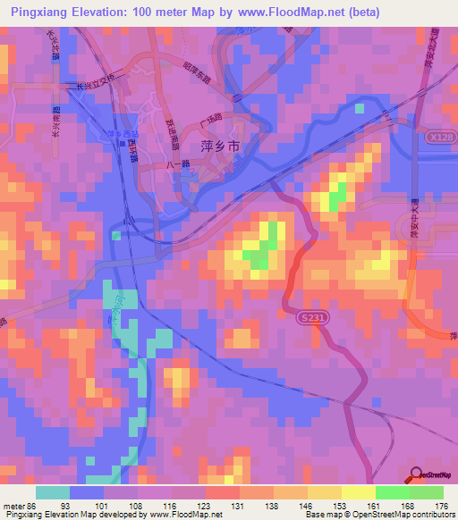 Pingxiang,China Elevation Map